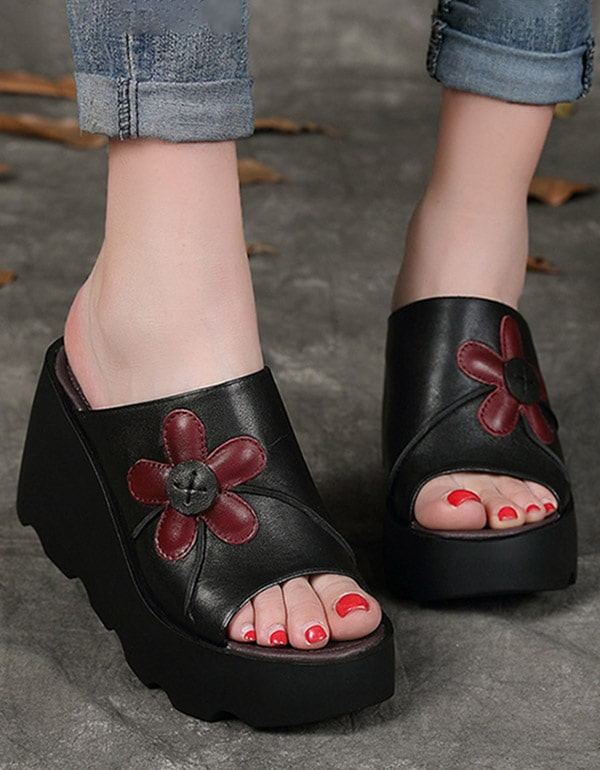 Käsintehdyt Retro Summer Black Wedge-tossut