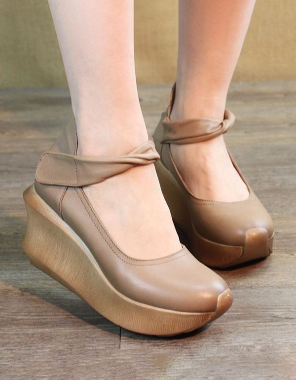 Käsintehdyt Retro-nahkaiset Wedge Heel-jousikengät