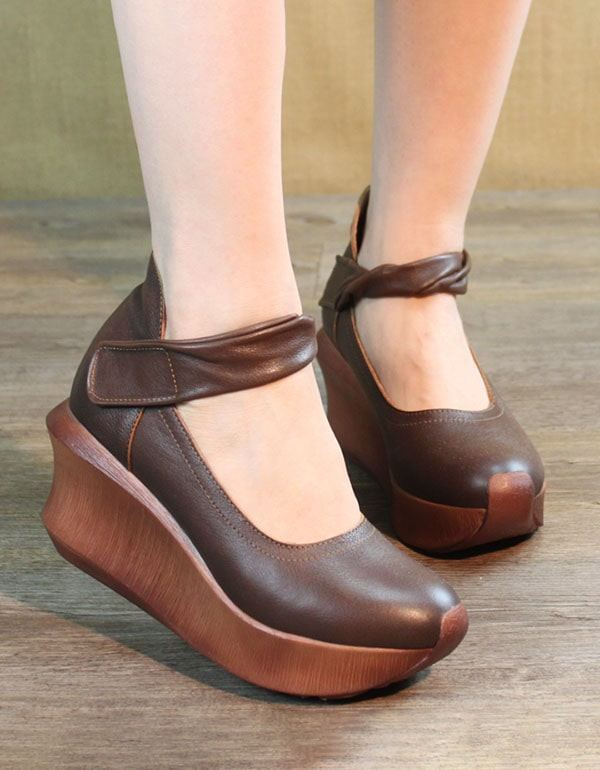 Käsintehdyt Retro-nahkaiset Wedge Heel-jousikengät