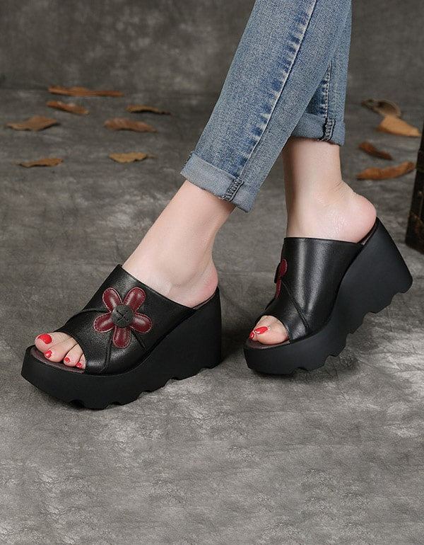 Käsintehdyt Retro Summer Black Wedge-tossut