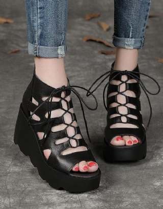 Summer Wedge Lace Up Roman Sandaalit Mustat