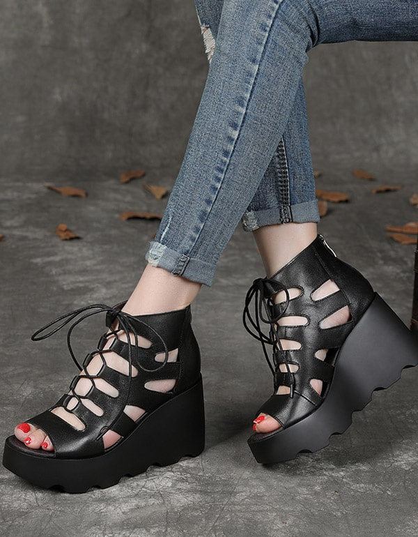 Summer Wedge Lace Up Roman Sandaalit Mustat